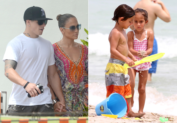 Jennifer Lopez anda de mãos dadas com Casper Smart enquanto filhos se divertem na praia