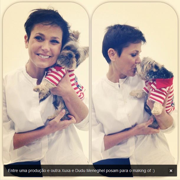 Xuxa mima seu cão Dudu durante sessão de fotos