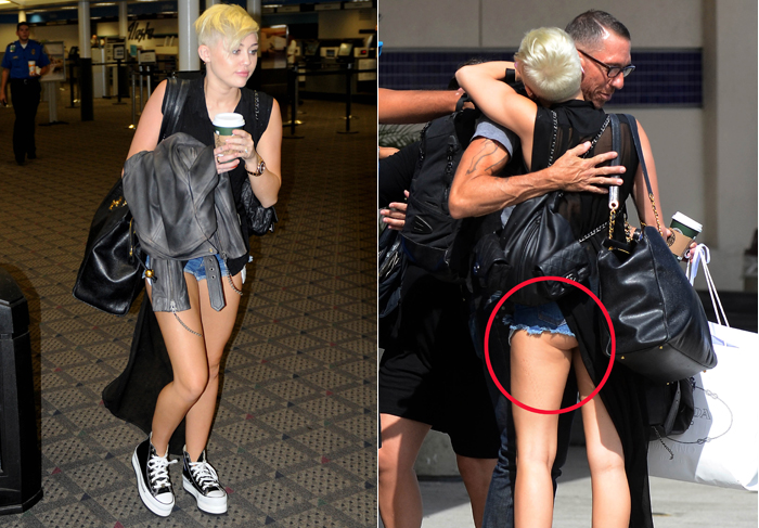 Miley Cyrus fica com o bumbum de fora ao abraçar homem em aeroporto