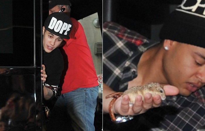 Justin Bieber mostra seu novo bichinho de estimação para fotógrafos