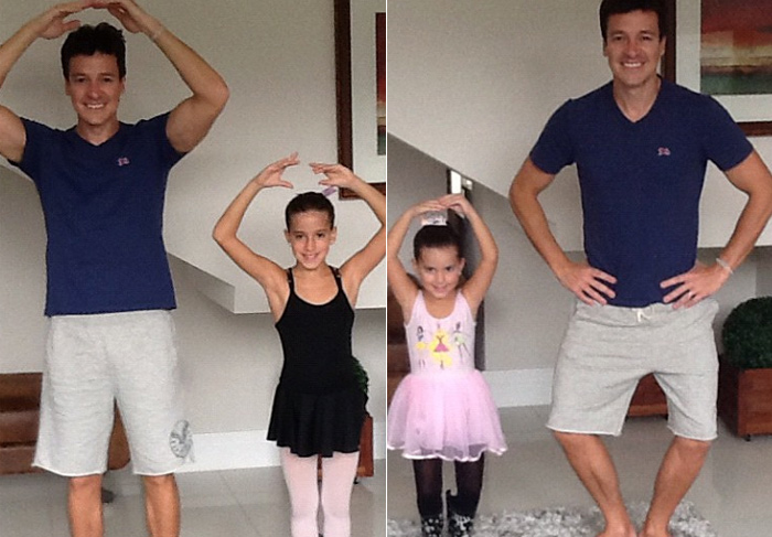 Rodrigo Faro faz poses de balé com as filhas