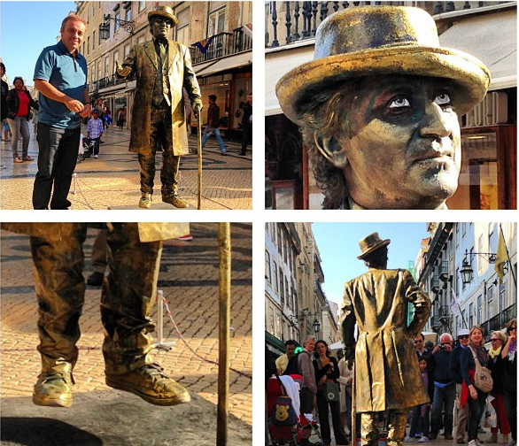 Gugu Liberato posa ao lado de homem estátua, em Lisboa