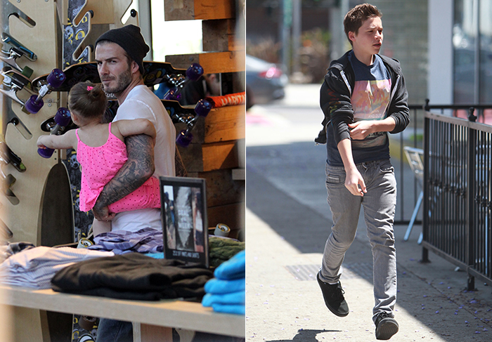 Harper Seven ajuda o pai e o irmão Brooklyn a escolherem um skate, em Los Angeles