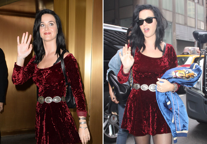Acusada de plágio, Katy Perry usa vestido de veludo vermelho para dar entrevista