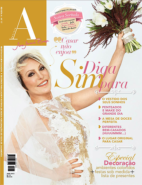 Ana Maria Braga posa vestida de noiva para capa de sua revista