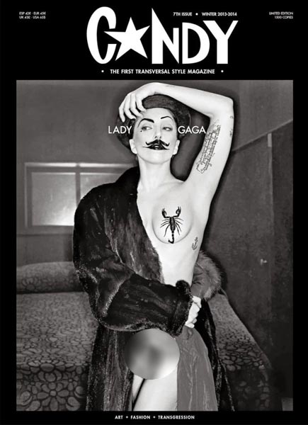 Lady Gaga posa nua e com bigodes, em revista