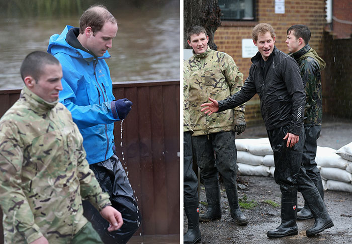 Príncipes William e Harry pegam no pesado e carregam sacos em ação contra as inundações 