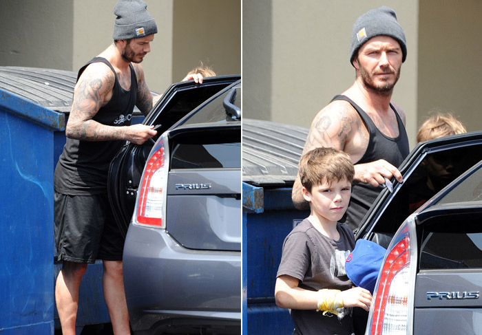 David Beckham exibiu seus músculos em dia de academia com o filho