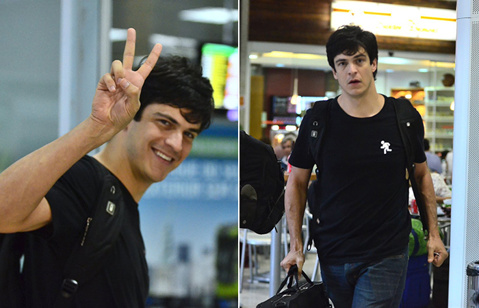 Mateus Solano e Miguel Falabella embarcam no aeroporto Santos Dumont