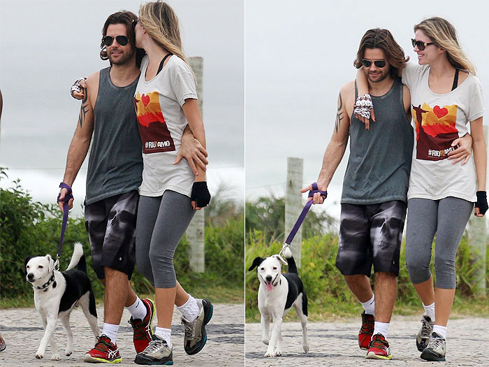 Ellen Jabour faz caminhada com o namorado e o pet, no Rio