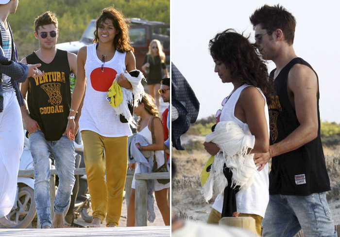 Juntinhos, Zac Efron e Michelle Rodriguez curtem praia de Ibiza 