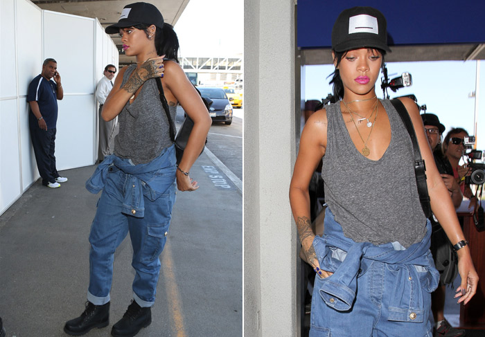Rihanna embarca com look despojado em Los Angeles