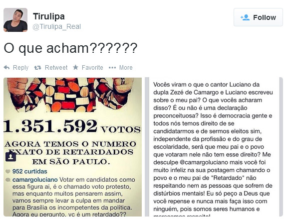 Luciano pede desculpas por criticas aos eleitores de Tiririca
