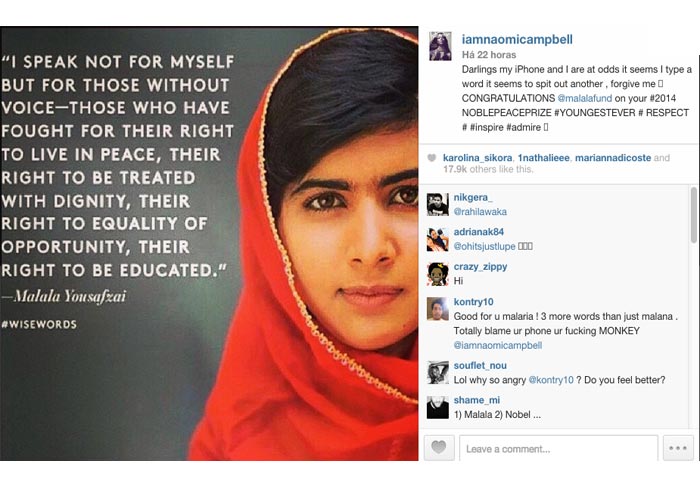 Naomi Campbell erra nome de Prêmio Nobel da Paz e comete gafe nas redes sociais
