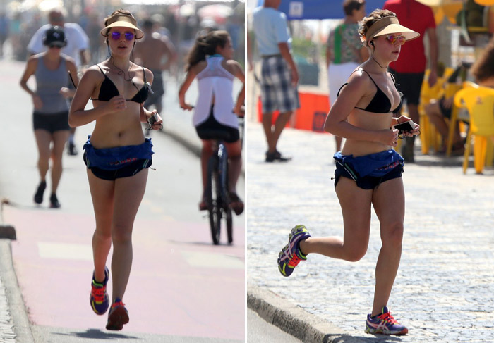 Bruna Linzmeyer corre de biquíni na orla carioca