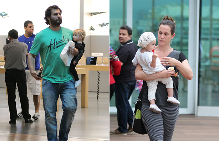 Thiago Lacerda e Vanessa Loes vão ao shopping com os filhos