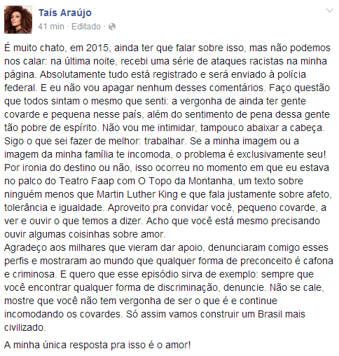 Taís Araújo é vítima de ataques racistas