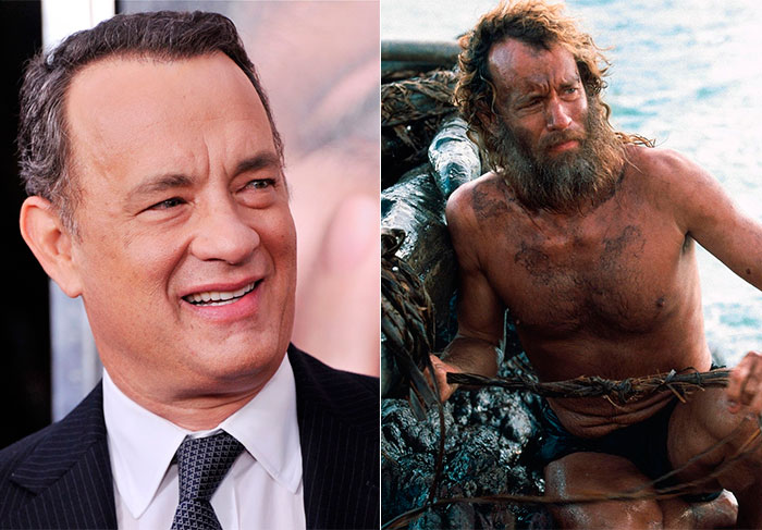Tom Hanks teve que emagrecer mais de 22 kg para interpretar o personagem principal do filme O Náufrago, de 2001, e impressionou a todos por sua mudança de visual.