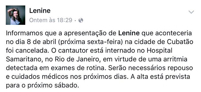 Lenine está internado em hospital do Rio de Janeiro