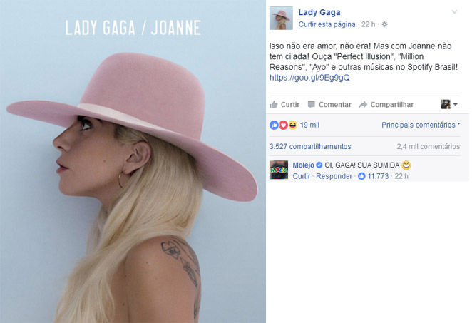Lady Gaga faz post com referência ao Molejo e internautas enlouquecem