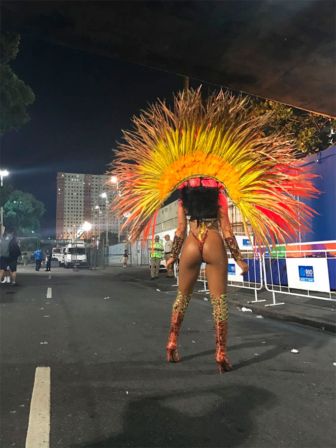  Denise Dias incendeia a Sapucaí com sua fantasia: 'Foram 900 lâmpadas de led e 700 penas de faisão'