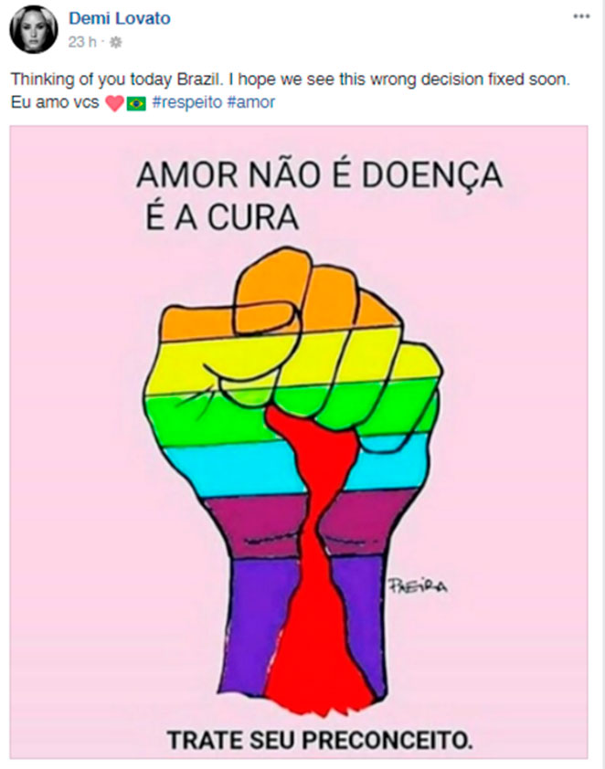 Demi Lovato abraça causa brasileira contra a homofobia