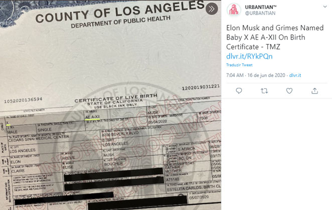 Certidão de nascimento do filho de Elon Musk e Grimes