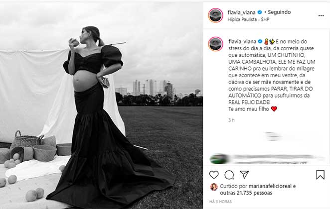Flavia Viana comentou sobre sentir o filho chutando a barriga no sexto mês de gestação