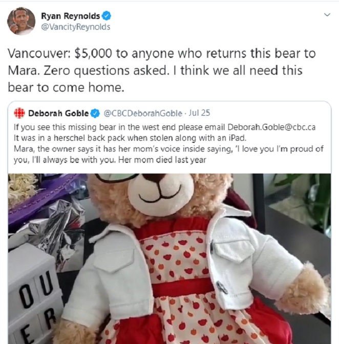 Ryan Reynolds oferece recompensa para quem devolver ursinho de pelúcia