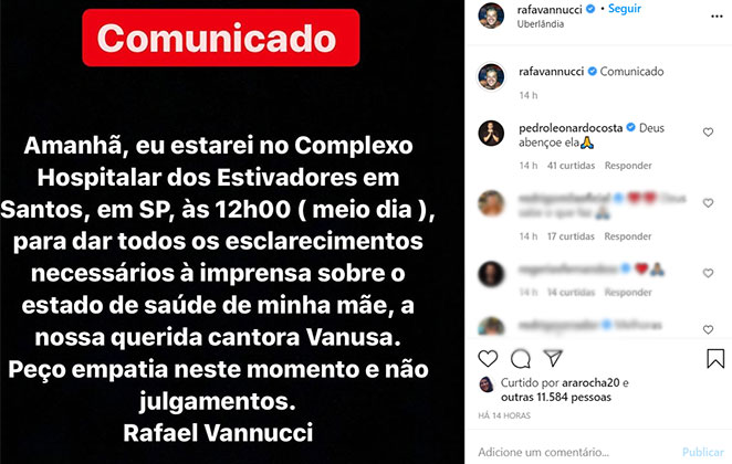Rafael Vanucci avisa que estará em hospital para conversa com a imprensa