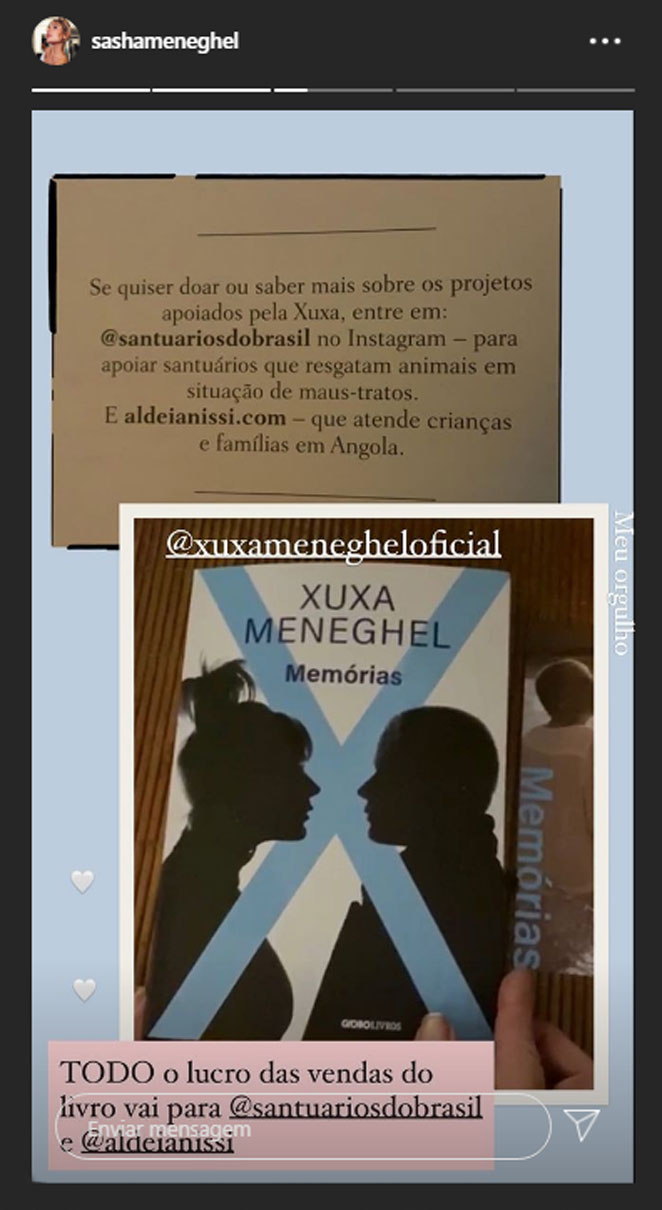 Sasha Meneghel avisa que o lucro do livro de Xuxa será revertido para a causa animal