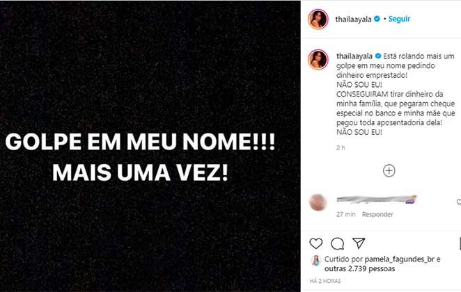 Thaila Ayala alertou seguidores no Instagram sobre golpe no Whatsapp usando seu nome