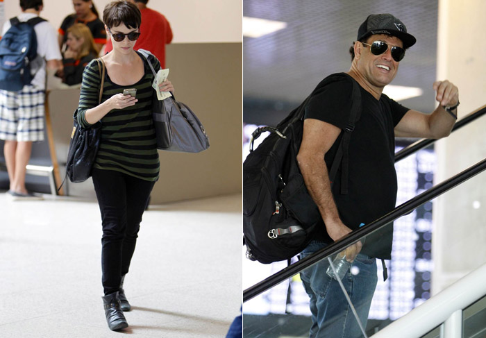 Débora Falabella e Sérgio Mallandro circulam por aeroporto no Rio
