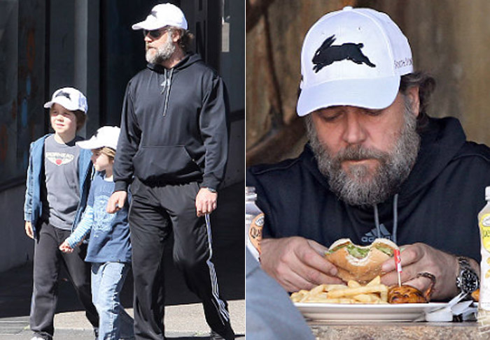 Irreconhecível, Russell Crowe come um lanche com os filhos
