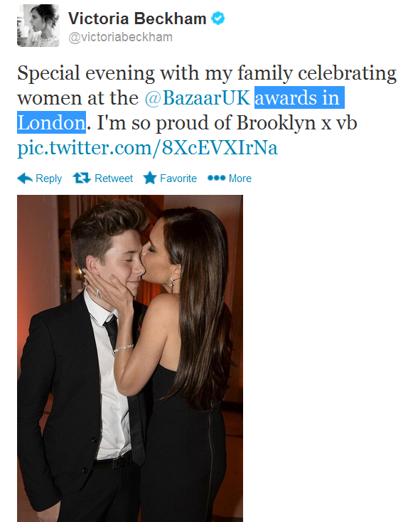 Victoria Beckham beija o filho Brooklyn em evento da Harper’s Bazaar