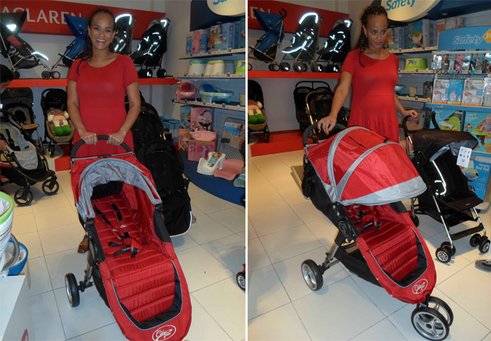 Luciana Mello escolhe carrinho de bebê para o filho