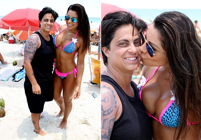 Thammy Miranda dá beijinho na boca da namorada na praia OFuxico
