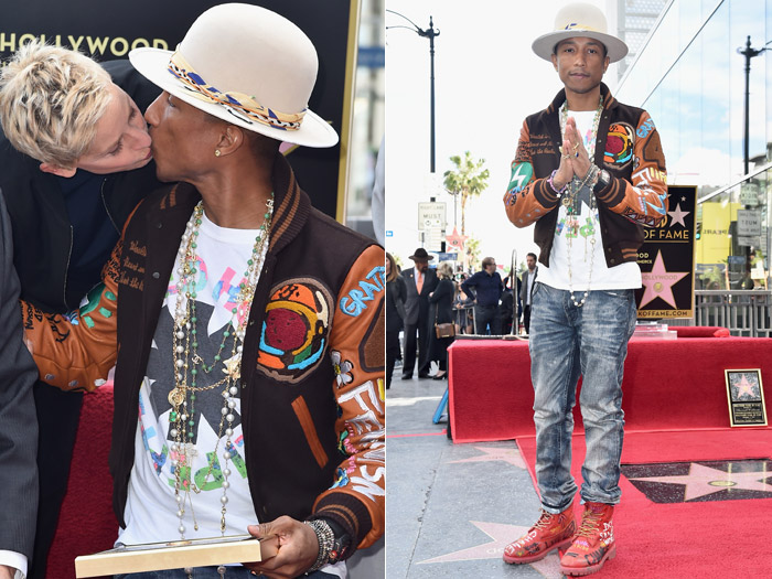 Pharrell Williams ganha selinho de Ellen Degeneres ao ganhar estrela na Calçada da Fama