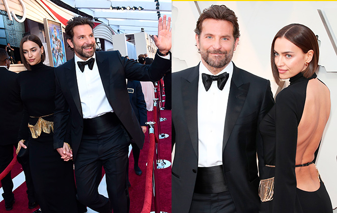 Bradley Cooper usou um smoking preto e levou seus dois amores ao tapete vermelho, ele estava com sua esposa Irina Shayk e sua mãe Gloria Campano. O ator optou por um visual clássico, um smoking preto simples.