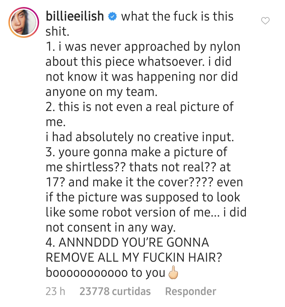 Billie Eilish se irritou com capa de revista usando uma imagem computadorizada dela