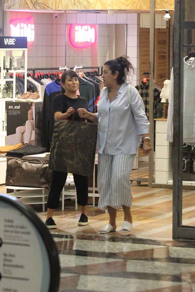 Regina Casé passeia em shopping com filho e neto