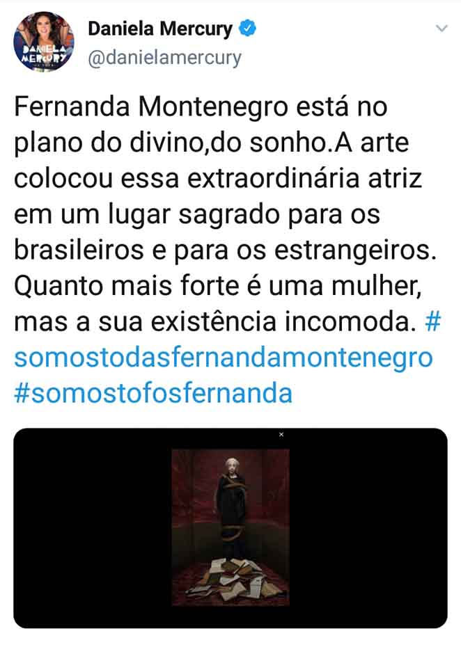 Post de Daniela Mercury em defesa de Fernanda Montenegro