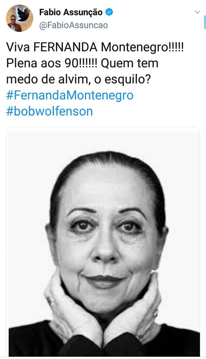 Fábio Assunção faz uma postagem em defesa de Fernanda Montenegro