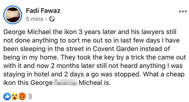 Fadi Fawaz, ex de George Michael, afirma estar vivendo como um sem-teto