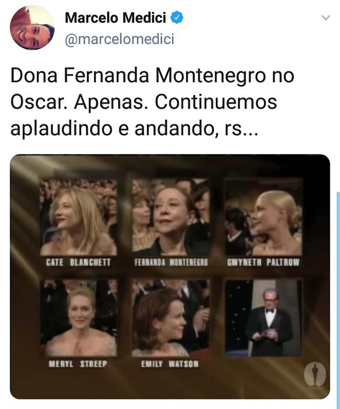 Postagem de Marcelo Médici defendendo a atriz Fernanda Montenegro