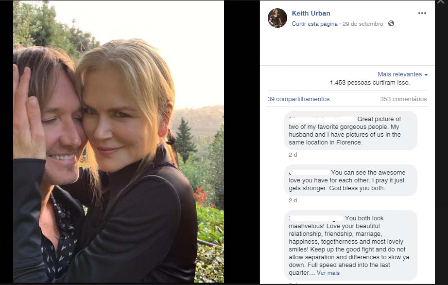 Nicole Kidman e Keith Urban em lique romântico publicado pelo cantor em sua página no Facebook