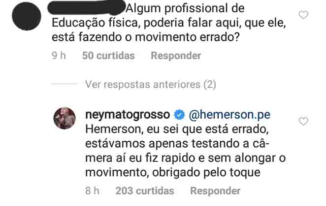 Resposta de Ney Matogrosso a comentário de seguidor