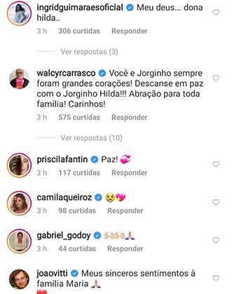 Post de famosos sobre a morte de Hilda Rebello