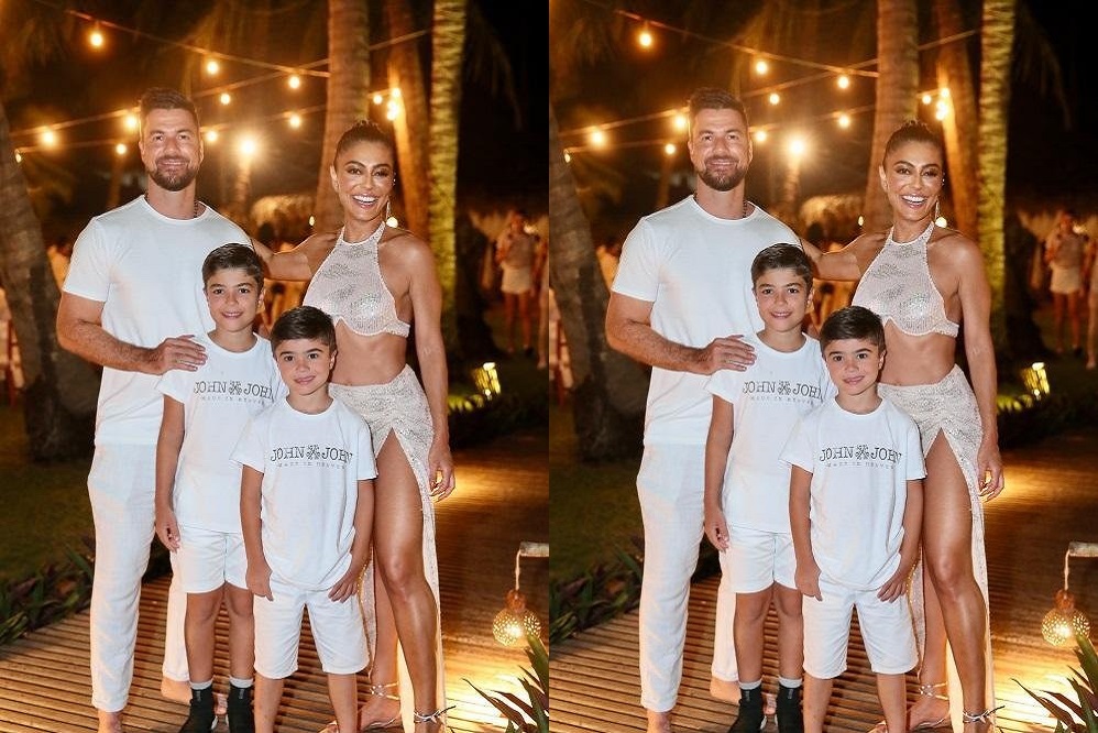 Juliana Paes posou para fotos com o marido Carlos Eduardo Baptista e os filhos Pedro e Antonio