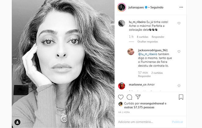 Alguns comentários elogiaram a posição tomada por Juliana Paes em relação ao goleiro Bruno
